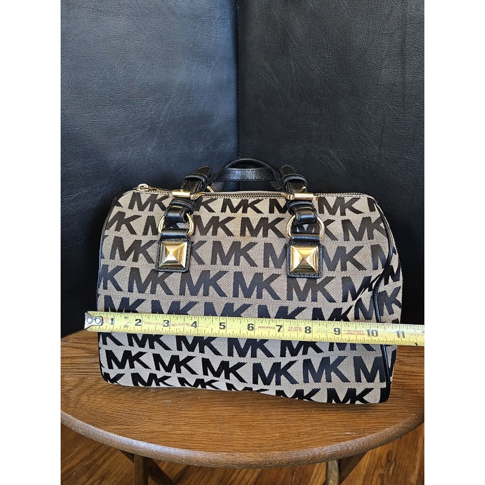 Michael Kors MK Signature Jacquard Satchel Black Beige Gold Hardware Handbag - Picture 2 of 9